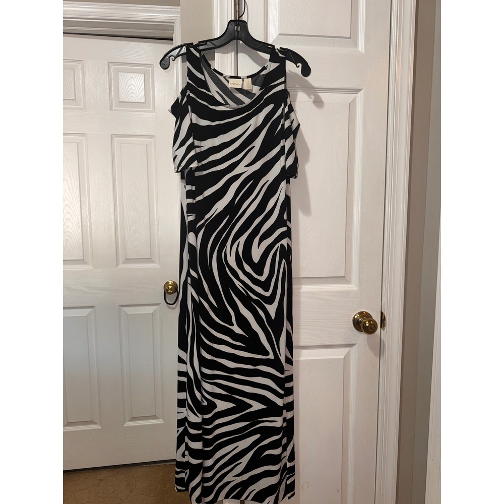 Chicos Maxi Dress Cold‎ Shoulder Zebra Print Black White Flowy Midi 0 - Picture 2 of 8